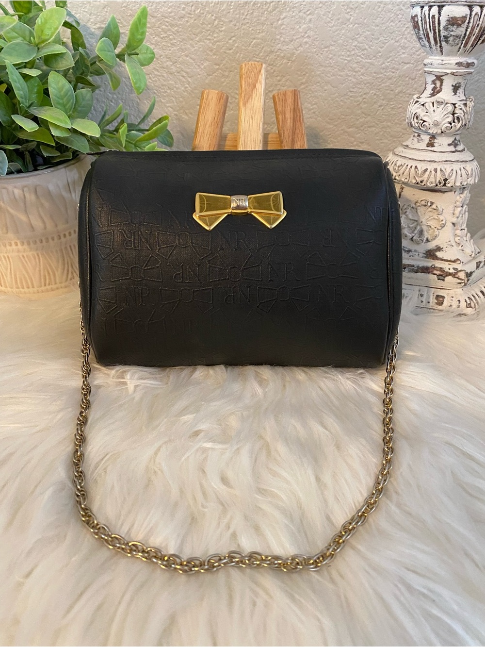 Nina Ricci Black Mini Shoulder Bag with Gold Bow